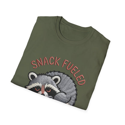 Adorable "Snack Fueled" Raccoon T-Shirt | Funny Embroidered Wildlife Tee for Animal Lovers | Cute & Cozy Gift