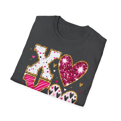 Sparkly XO Hearts T-Shirt | Adorable Pink Glitter Valentine's Day & Love Tee for Her | Hugs Kisses Style