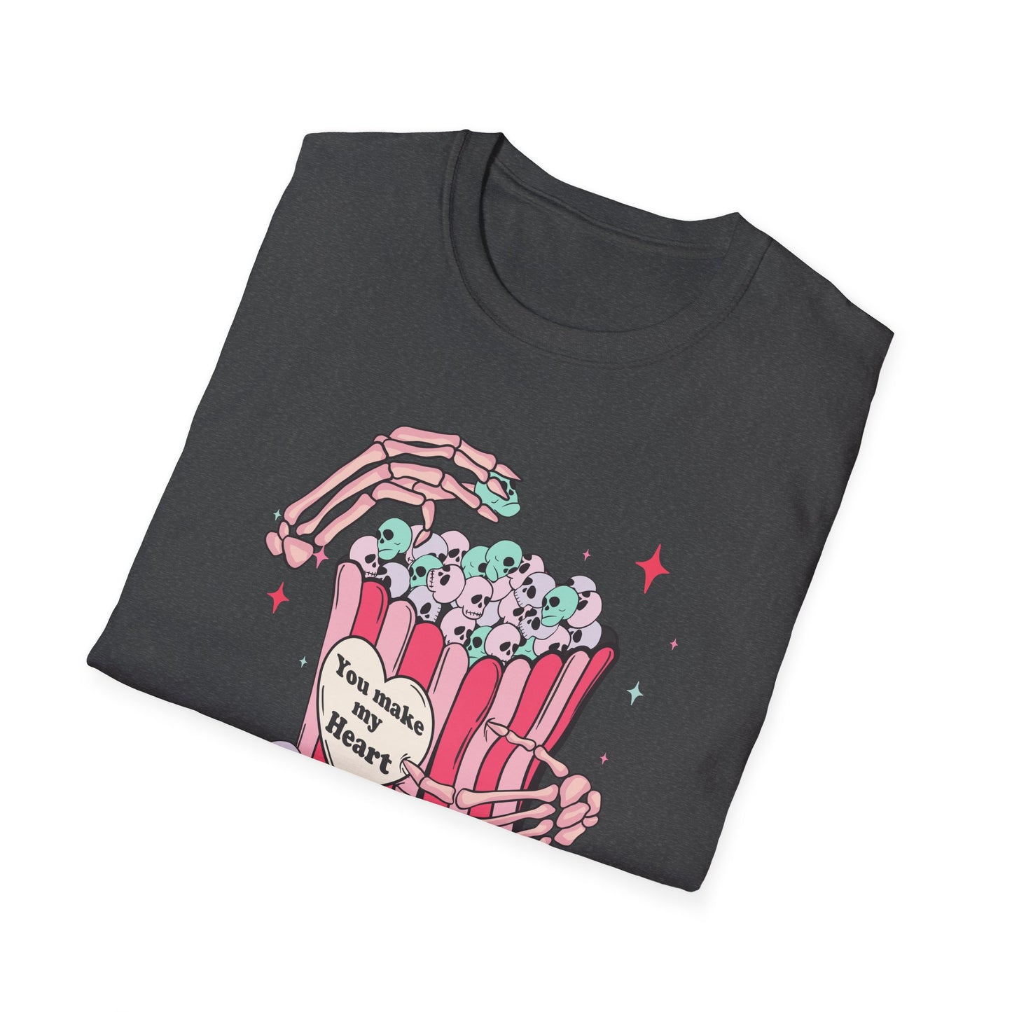 Spooky-Cute 'You Make My Heart' Skull Popcorn T-Shirt - Pastel Goth Love Tee Gift