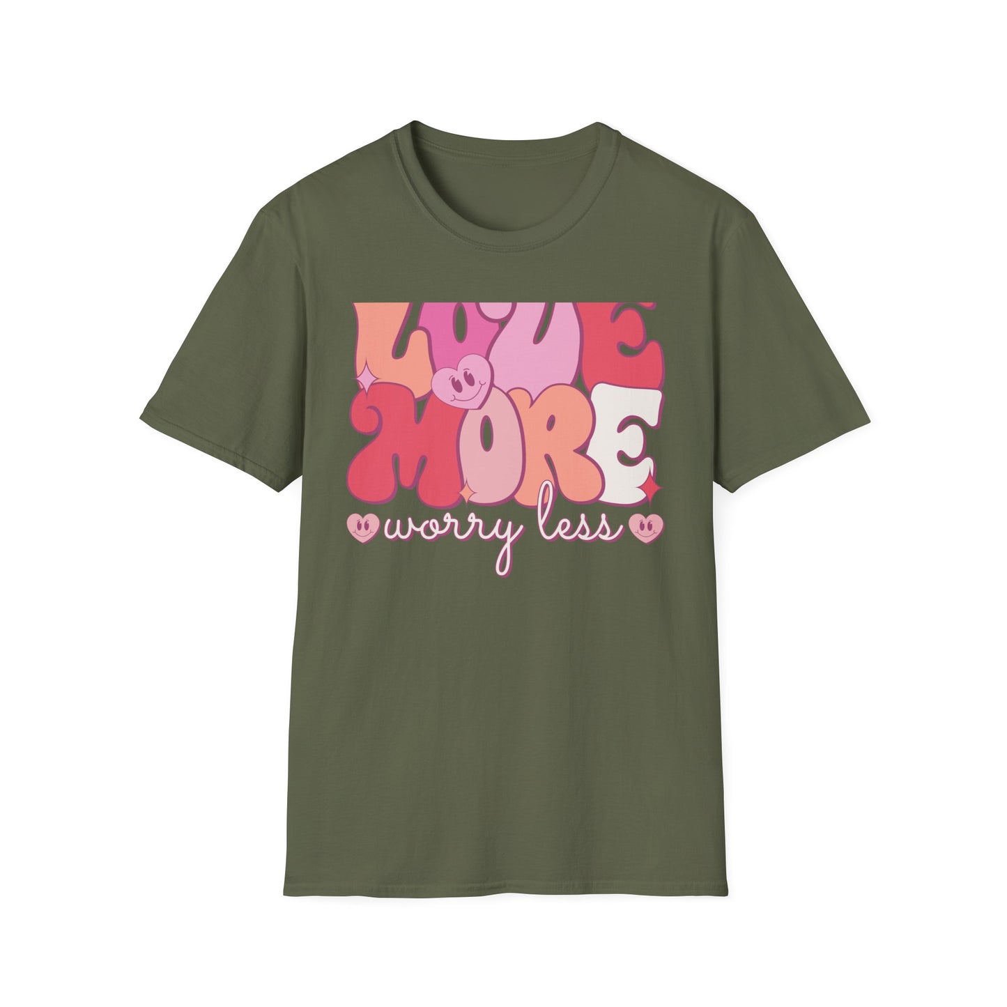 Groovy "LOVE MORE worry less" T-Shirt | Retro Happy Heart Tee | Positive Vibes Apparel for All | Inspiring Gift