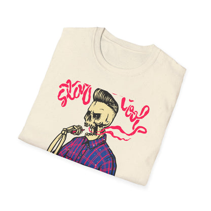 Stay Cool Skeleton Vaper T-Shirt | Edgy Greaser Pompadour Tee for Rockabilly & Alternative Style Fans