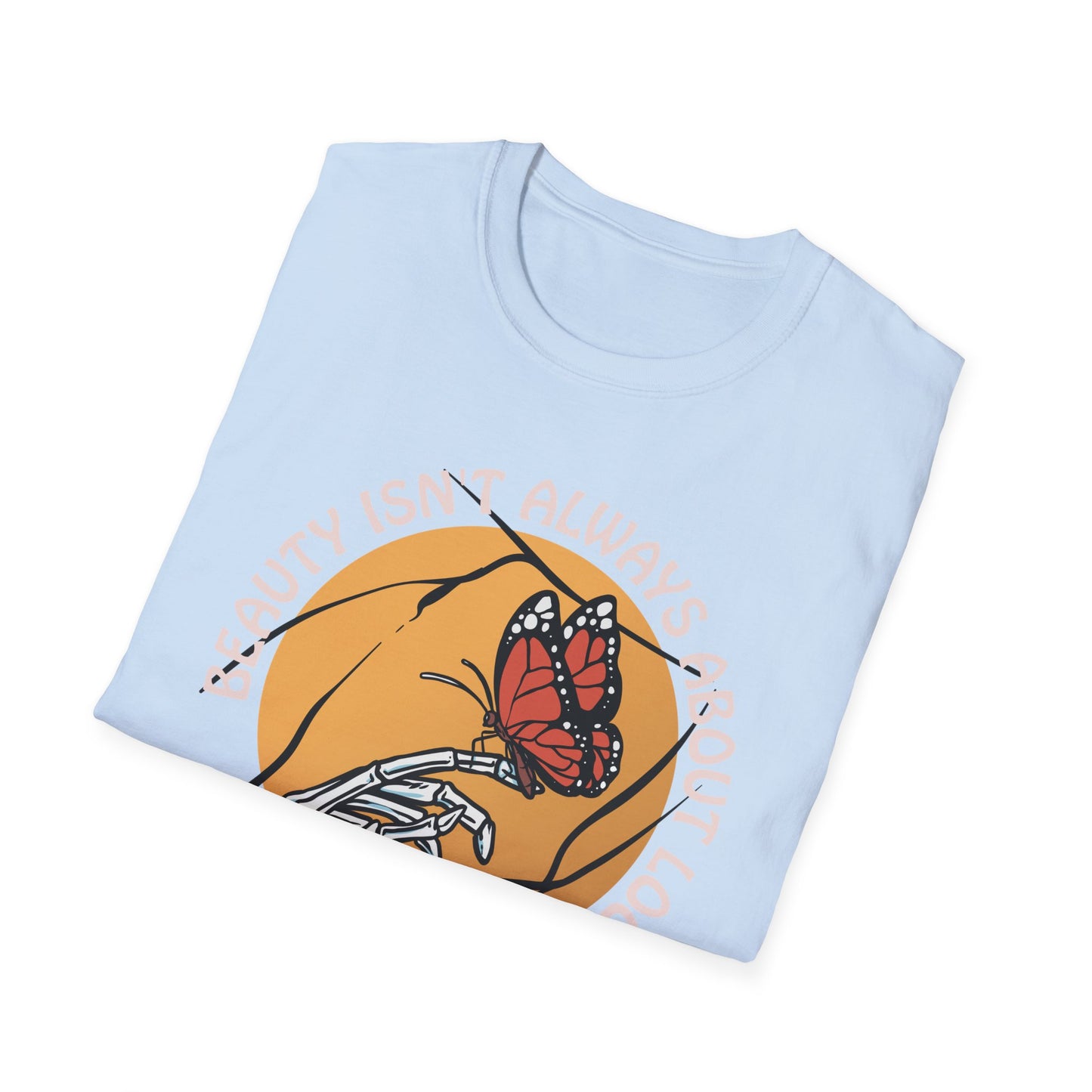 Expressive Skeleton Hand & Monarch Butterfly T-Shirt | 'Beauty Isn't About Looks' Deep Meaning Art Tee