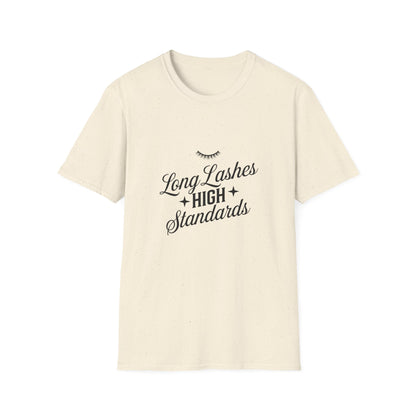 Chic Long Lashes & High Standards T-Shirt | Empowering Beauty Attitude Tee for Confident Women