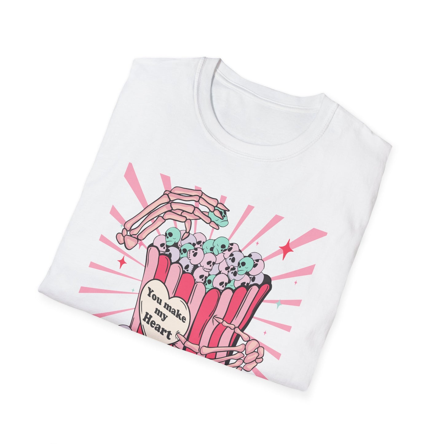 Spooky Sweet Skeleton 'You Make My Heart' T-Shirt | Pastel Goth Skull Popcorn Tee | Edgy Valentine's Day Gift for Unique Love