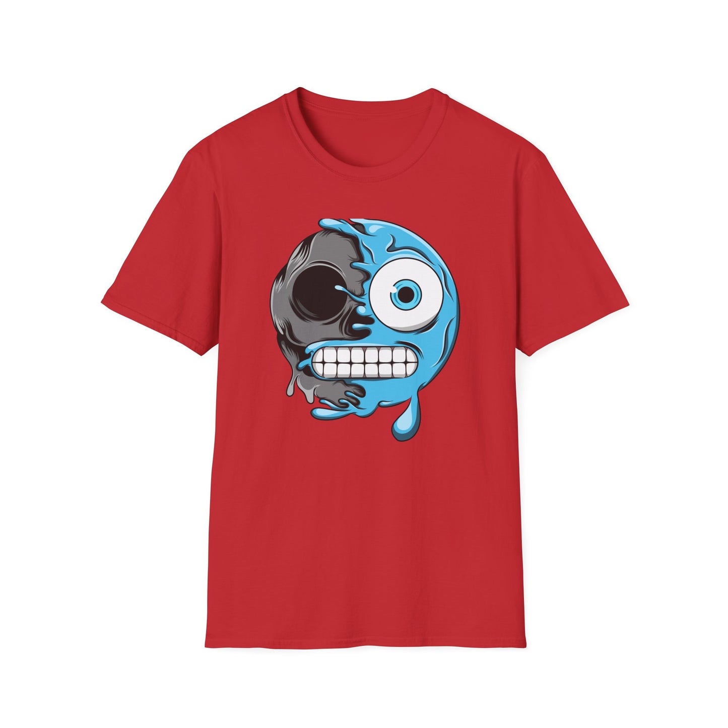 Epic Melting Skull & Blue Cartoon Split Face T-Shirt | Unique Edgy Graphic Tee for Streetwear & Art Lovers