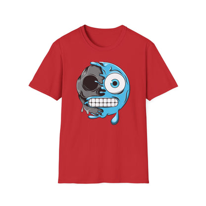 Epic Melting Skull & Blue Cartoon Split Face T-Shirt | Unique Edgy Graphic Tee for Streetwear & Art Lovers