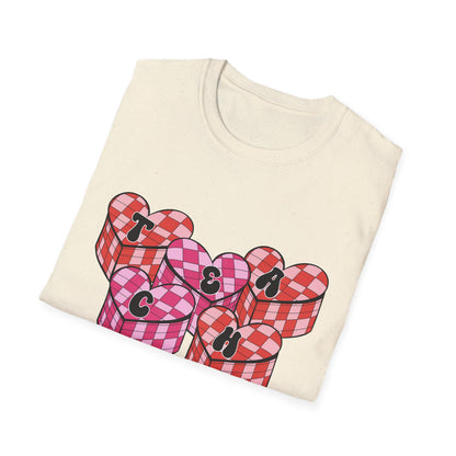 Heartfelt TEACH Hearts T-Shirt | Groovy Valentine's Gift for Educators | Trendy Teacher Appreciation Tee