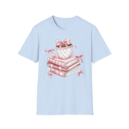 Cozy Pink Books & Teacup T-Shirt | Aesthetic Book Lover Gift | Delightful Reader Style Top