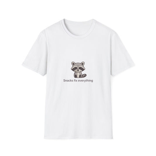 Adorable Raccoon 'Snacks Fix Everything' T-Shirt | Cute Embroidered Animal Tee for Foodies & Comfort Lovers
