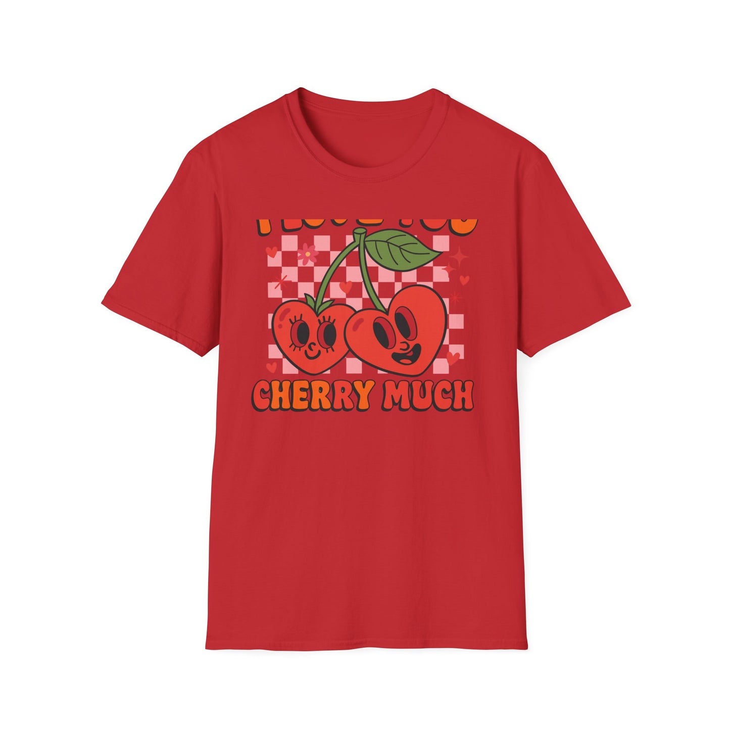 Adorable "I Love You Cherry Much" T-Shirt | Sweet Retro Heart Cherries & Groovy Checkered Love Pun Tee | Perfect Valentine's Day Gift