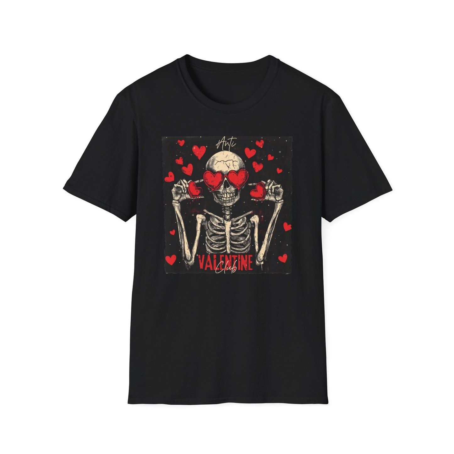 Anti Valentine Club Skeleton T-Shirt - Edgy Skull with Heart Sunglasses & Dripping Hearts | Grunge Anti-Love Tee