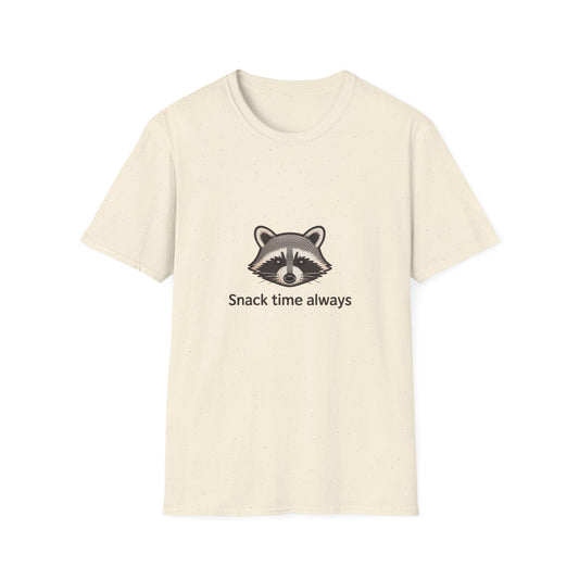 Hilarious Raccoon 'Snack Time Always' Embroidered T-Shirt | Cute Animal Lover Tee for Foodies & Wildlife Fans