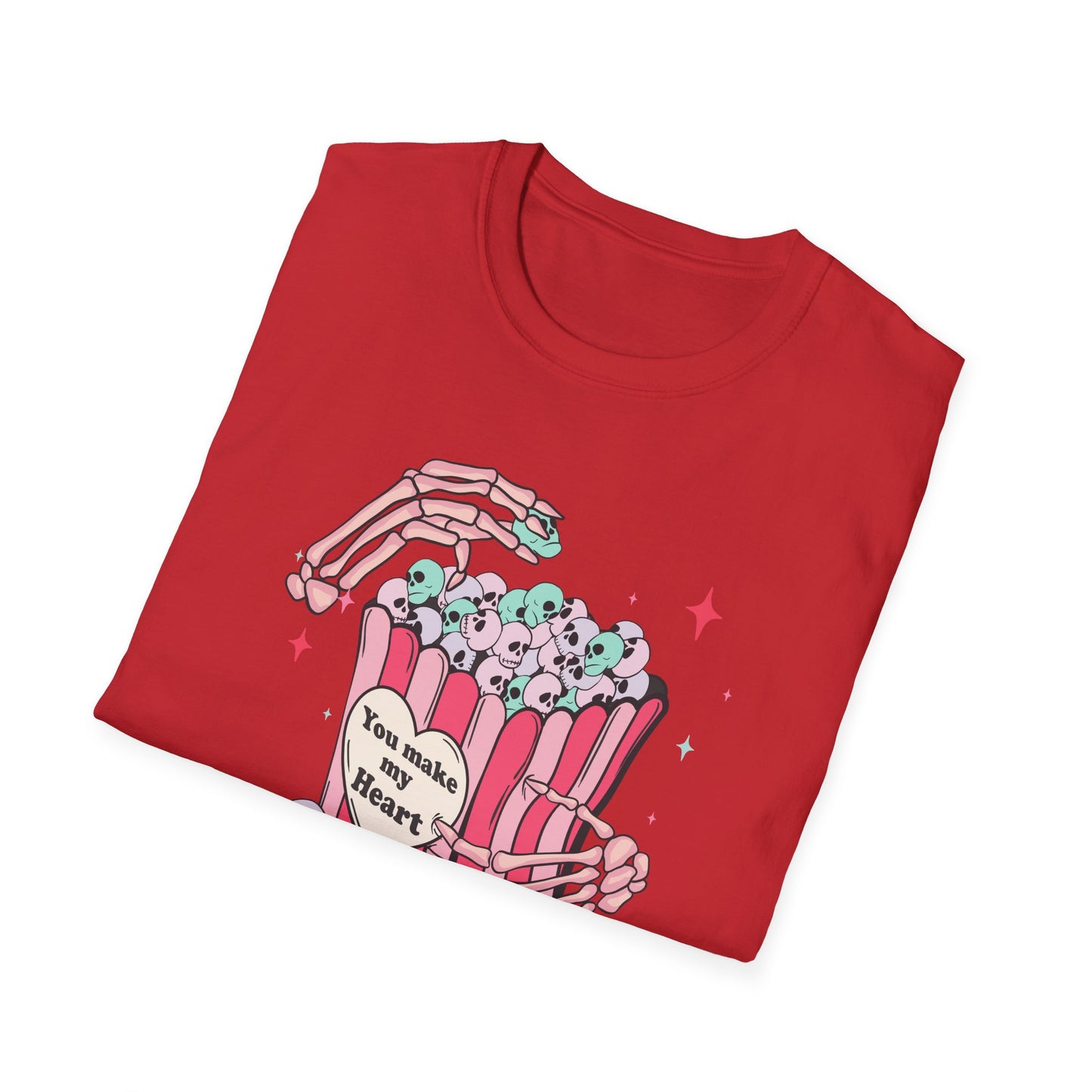 Spooky-Cute 'You Make My Heart' Skull Popcorn T-Shirt - Pastel Goth Love Tee Gift