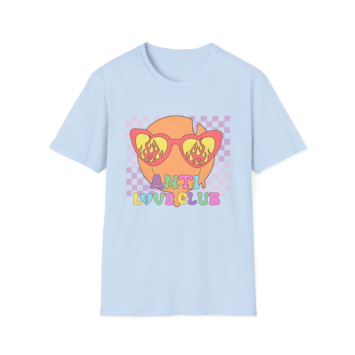 Anti Love Club T-Shirt | Edgy Retro Smiley Face & Flaming Heart Sunglasses | Trendy Grunge Y2K Aesthetic Tee