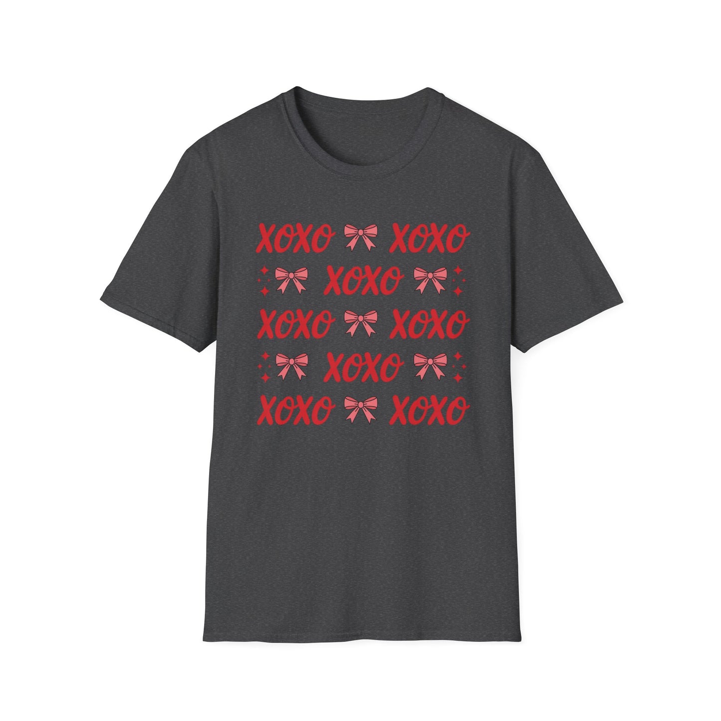Adorable XOXO Bows & Sparkles T-Shirt | Sweet Hugs & Kisses Valentine's Day Tee for Women | Charming Romantic Gift