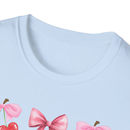 Delightful Pink Bow & Heart Cherry T-Shirt - Adorable Lovecore Aesthetic Tee for Her | Sweet Valentine's Gift