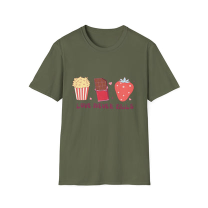 Delicious Retro Love Never Fails T-Shirt - Popcorn, Chocolate, Strawberry Snack Tee for Foodies & Romantics