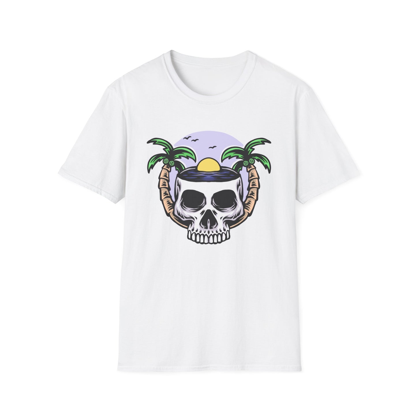 Vibrant Tropical Skull T-Shirt | Beach Sunset & Palm Tree Design | Unique Summer Vacation Tee | Cool Edgy Casual Wear