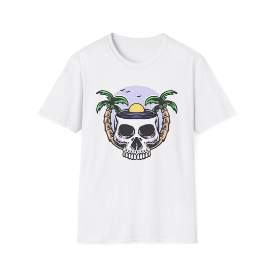 Vibrant Tropical Skull T-Shirt | Beach Sunset & Palm Tree Design | Unique Summer Vacation Tee | Cool Edgy Casual Wear