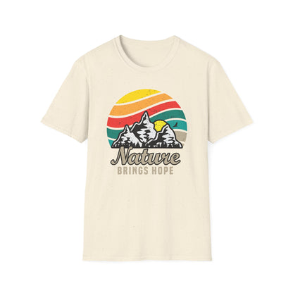 Inspiring Vintage Nature Mountains T-Shirt | Retro Outdoors Adventure Tee with 'Nature Brings Hope' Design | Essential Hiking & Camping Shirt