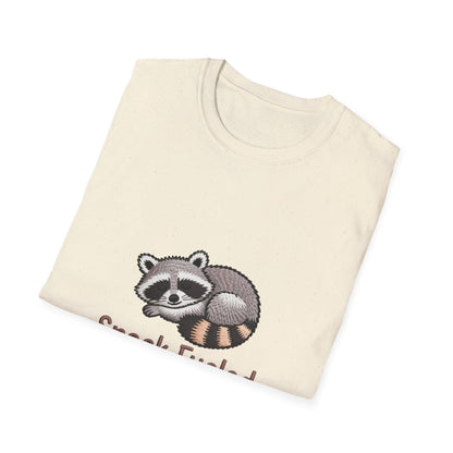 Adorable "Snack Fueled" Sleeping Raccoon T-Shirt | Cozy Animal Lover Tee | Hilarious Foodie Gift for Snack Enthusiasts