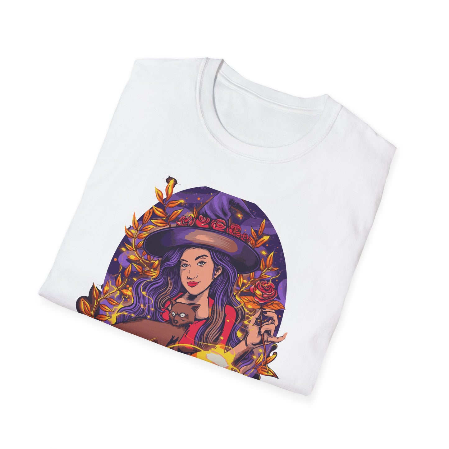 Enchanting Mystical Witch T-Shirt | Women's Fantasy Magic Tee with Cat, Crystal Ball & Roses | Awesome Gift