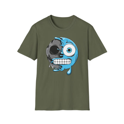 Epic Melting Skull & Blue Cartoon Split Face T-Shirt | Unique Edgy Graphic Tee for Streetwear & Art Lovers