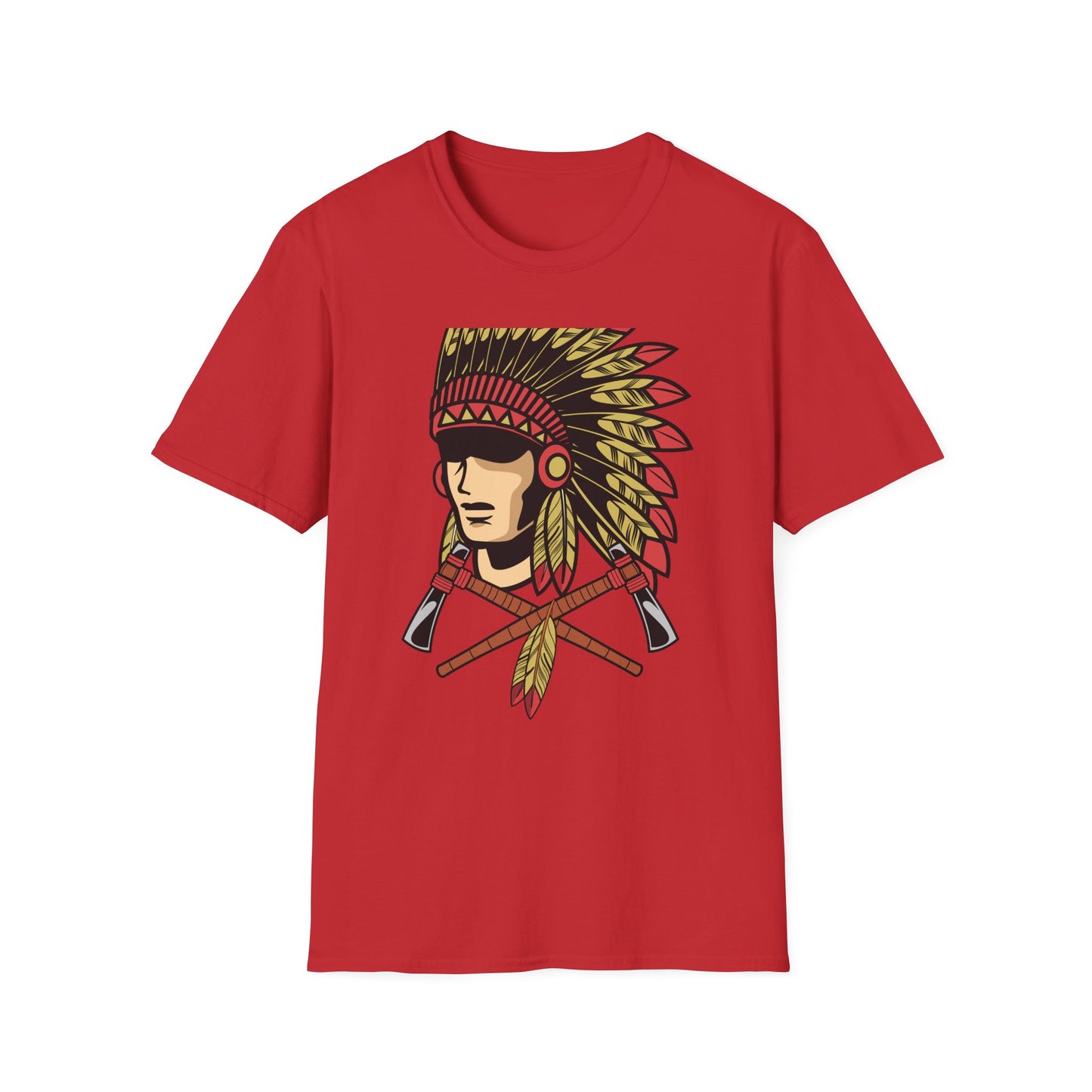 Bold Indigenous Warrior Chief T-Shirt | Majestic Feather Headdress & Tomahawks Tee | Powerful Cultural Design Gift