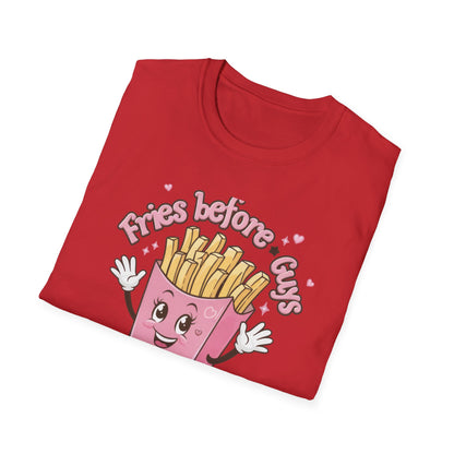 Cute 'Fries Before Guys' T-Shirt | Adorable Pink French Fry Lover Tee | Funny Foodie Graphic Top for Women & Teens