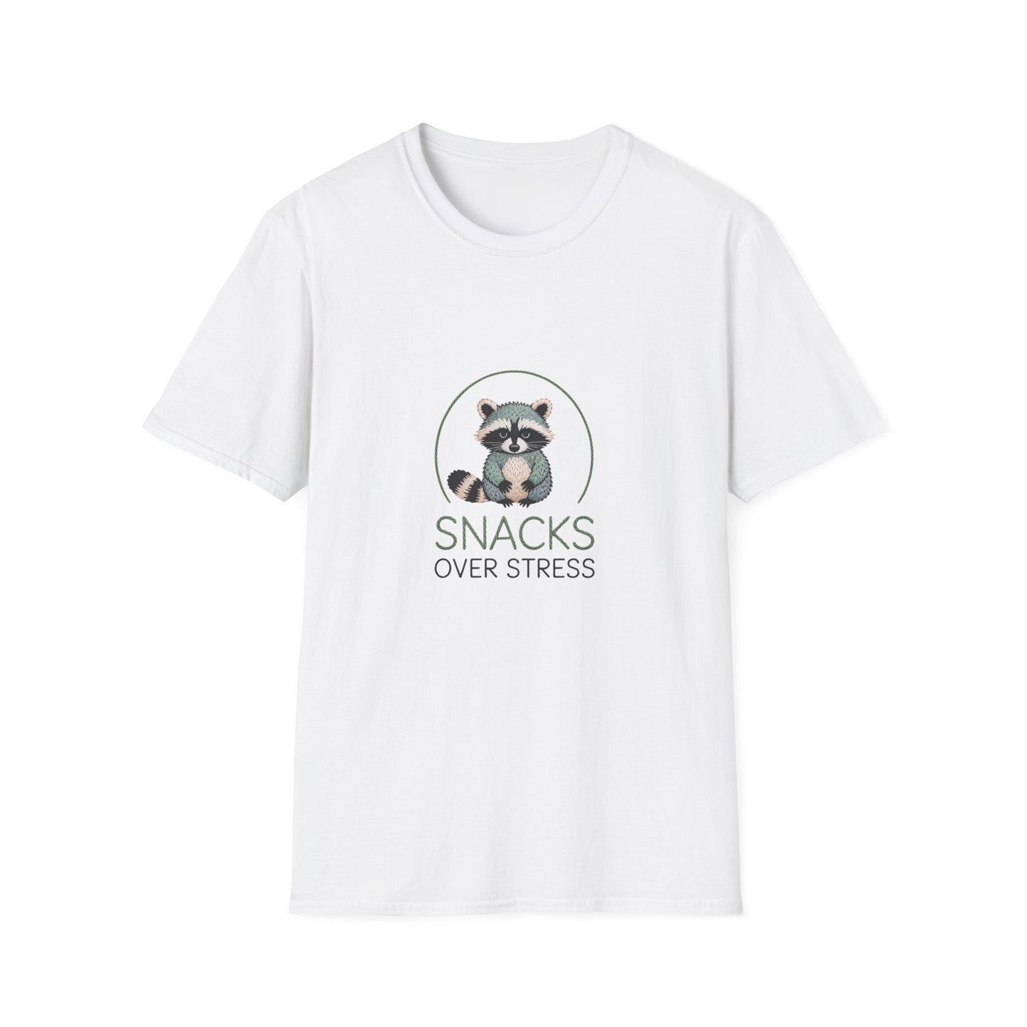 Cute Raccoon "Snacks Over Stress" T-Shirt | Hilarious Anti-Stress Foodie Tee for Ultimate Comfort & Joy
