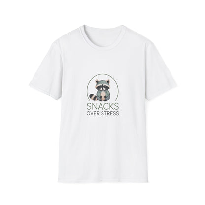 Cute Raccoon "Snacks Over Stress" T-Shirt | Hilarious Anti-Stress Foodie Tee for Ultimate Comfort & Joy