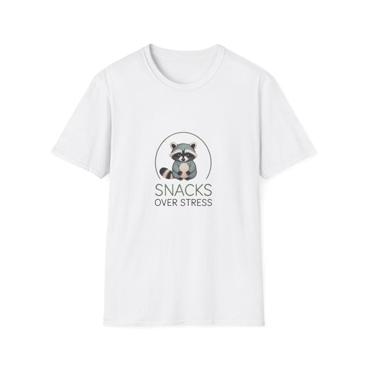 Cute Raccoon "Snacks Over Stress" T-Shirt | Hilarious Anti-Stress Foodie Tee for Ultimate Comfort & Joy