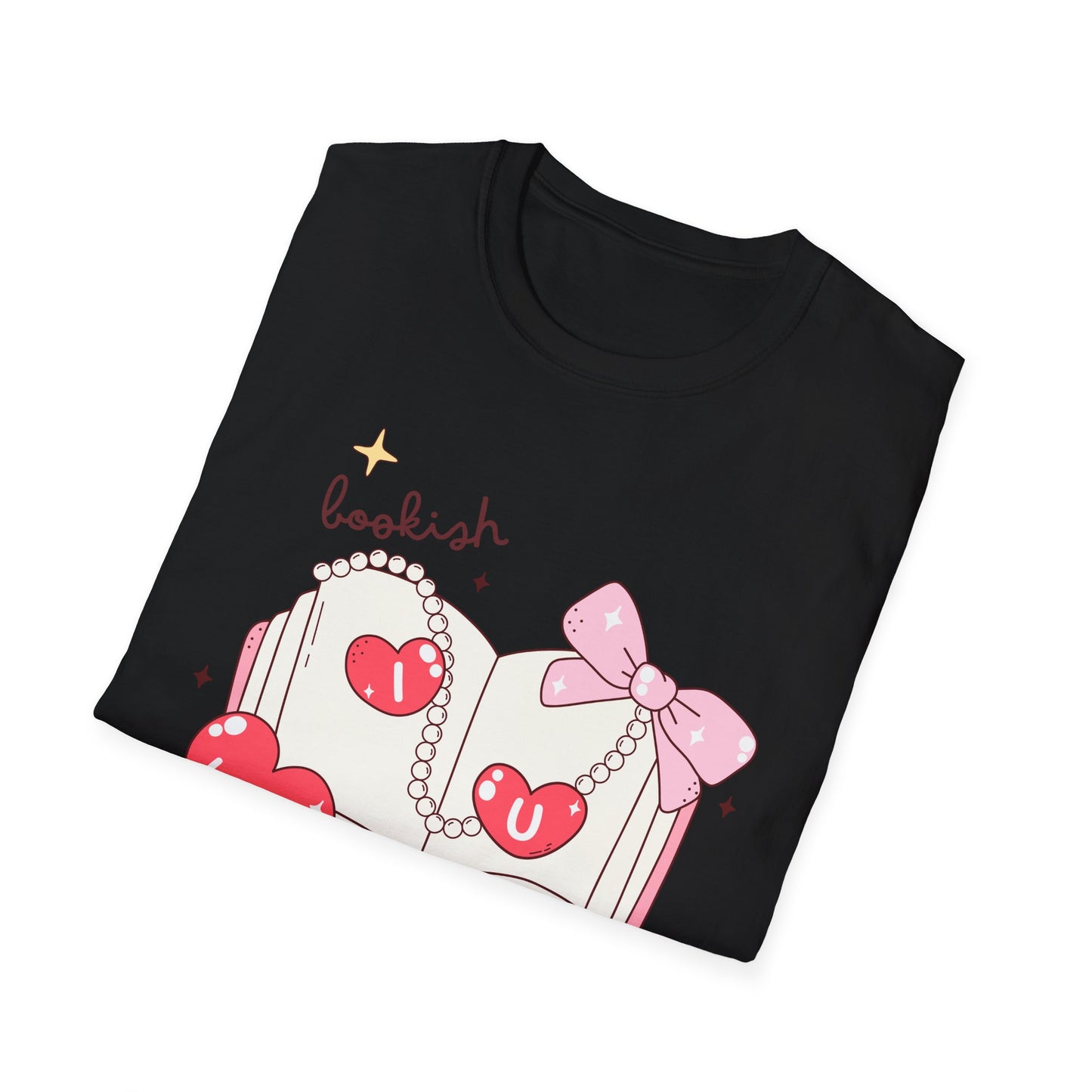 Sweet Bookish Girlie T-Shirt: 'I Love You' Hearts, Pearl Necklace & Pink Bow Design | Perfect Romantic Gift for Book Lovers