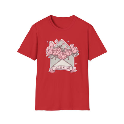 Charming 'Take All My Love' Floral T-Shirt - Romantic Peony & Tulip Envelope Tee | Sweet Valentine's Day Gift for Her