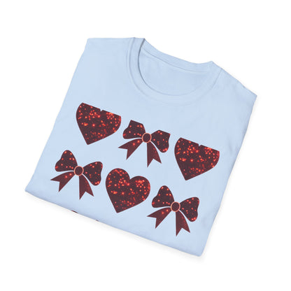 Dazzling Sparkle Hearts & Bows T-Shirt | Chic Glitter Love Tee for Women | Radiant Valentine's Day Gift