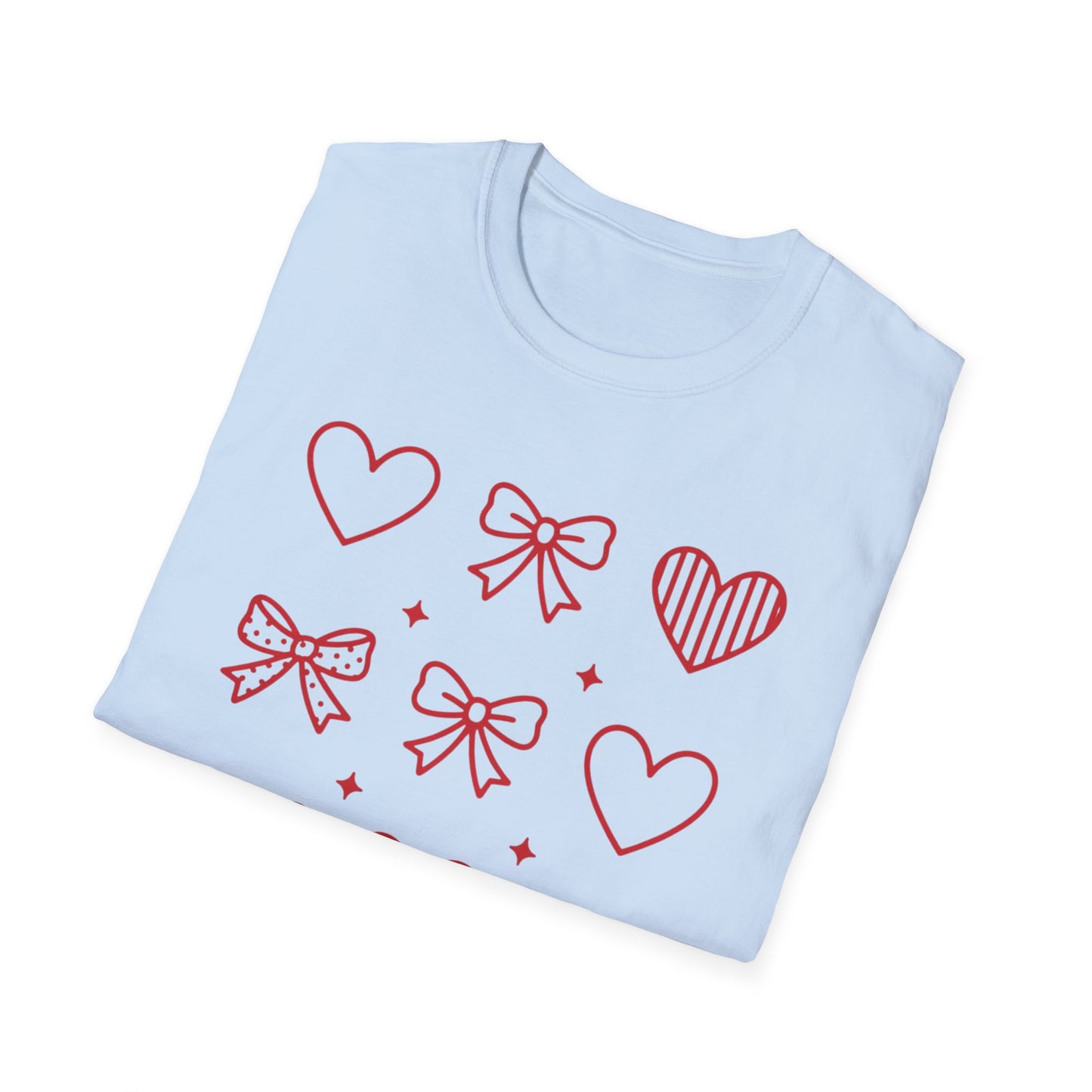 Adorable Red Hearts & Bows Pattern T-Shirt | Sweet Valentine's Day Love Graphic Tee for Women & Girls | Charming Romantic Gift