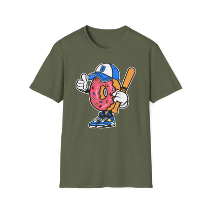 Epic Donut Baseball Player T-Shirt | Fun Sprinkle Drip Tee | Cool Cartoon Mascot Streetwear | Unique Foodie & Sports Fan Graphic Tee
