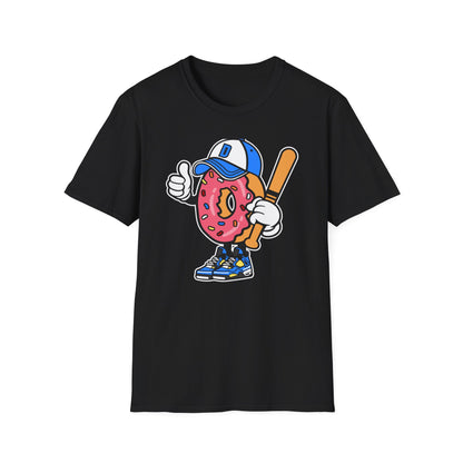 Epic Donut Baseball Player T-Shirt | Fun Sprinkle Drip Tee | Cool Cartoon Mascot Streetwear | Unique Foodie & Sports Fan Graphic Tee