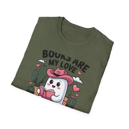 Adorable Reading Ghost T-Shirt | “Books Are My Love Language” Pink Cowboy Ghost Tee | Unique Book Lover Gift