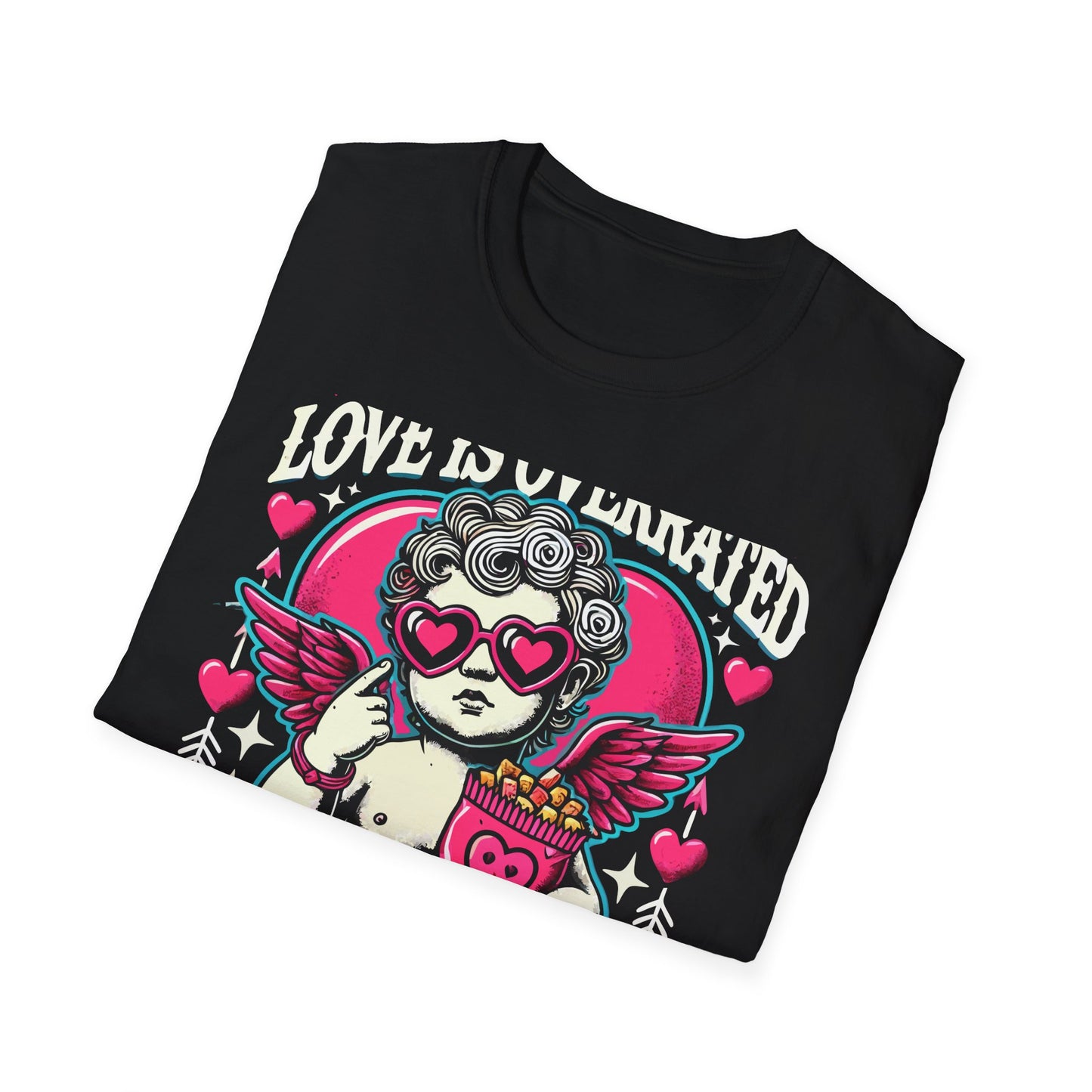 Hilarious 'Love Is Overrated Pass The Snacks' T-Shirt - Anti-Valentine's Day Cupid & Fries Tee. Perfect for Singles & Snack Lovers!