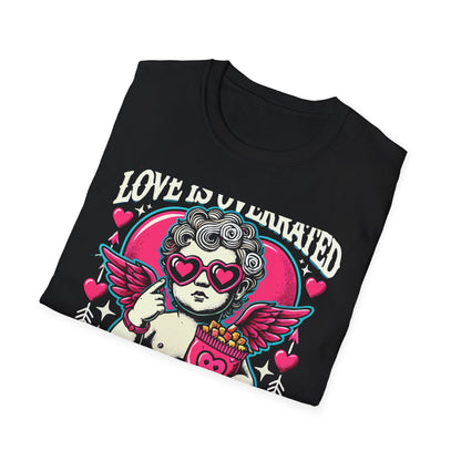 Hilarious 'Love Is Overrated Pass The Snacks' T-Shirt - Anti-Valentine's Day Cupid & Fries Tee. Perfect for Singles & Snack Lovers!