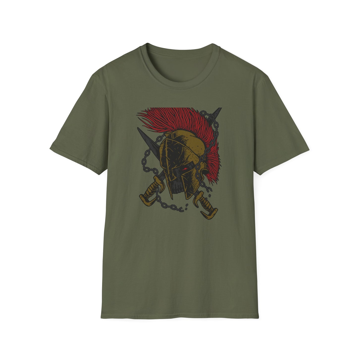 Epic Spartan Skull Helmet T-Shirt - Fearless Warrior Design with Swords & Chains for Men