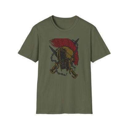 Epic Spartan Skull Helmet T-Shirt - Fearless Warrior Design with Swords & Chains for Men
