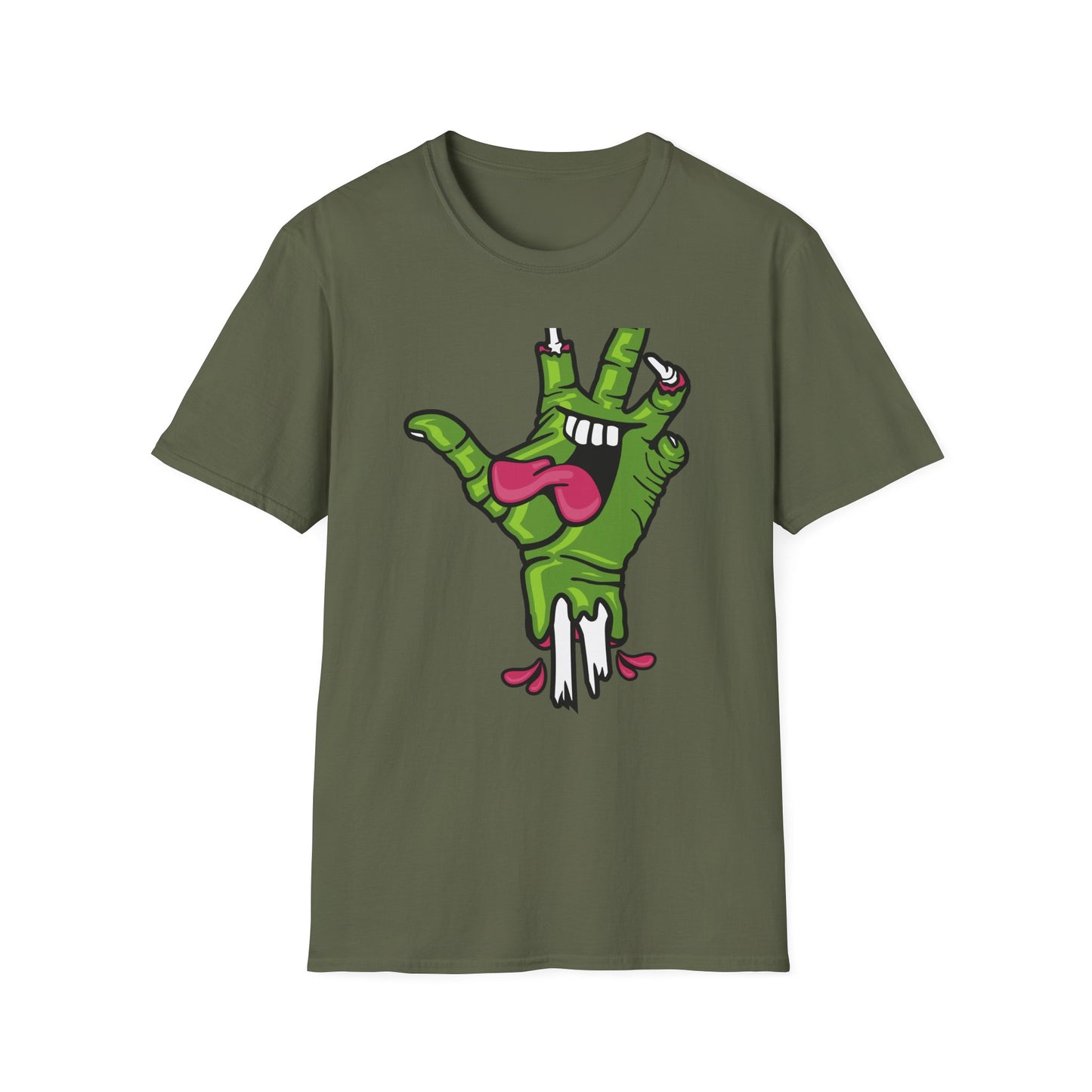 Groovy Zombie Hand T-Shirt with Smiling Monster Face | Spooky Halloween Rock On Tee | Creepy Fun Apparel