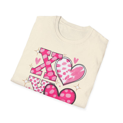 Sparkling XOXO Love Hearts T-Shirt | Chic Pink Polka Dot & Brushstroke Tee | Perfect Valentine's Day & Everyday Wear