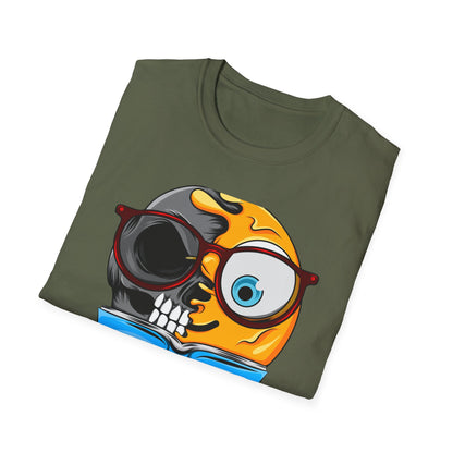 Clever Duality T-Shirt: Smart Skull & Emoji Bookworm Reader Tee for Unique Minds. Striking Graphic Top Gift.