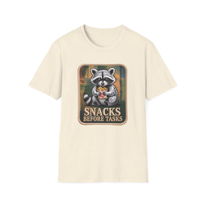 Hilarious Raccoon Snacks Before Tasks T-Shirt | Adorable Animal Lover Gift | Cozy Funny Graphic Tee