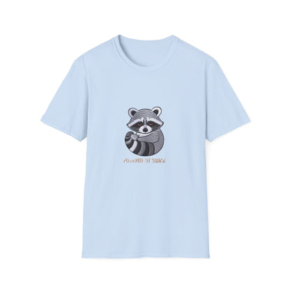 Adorable 'Powered By Snack' Raccoon T-Shirt - Hilarious Animal Lover Tee for Cozy Comfort & Snack Enthusiasts. Must-Have Gift!