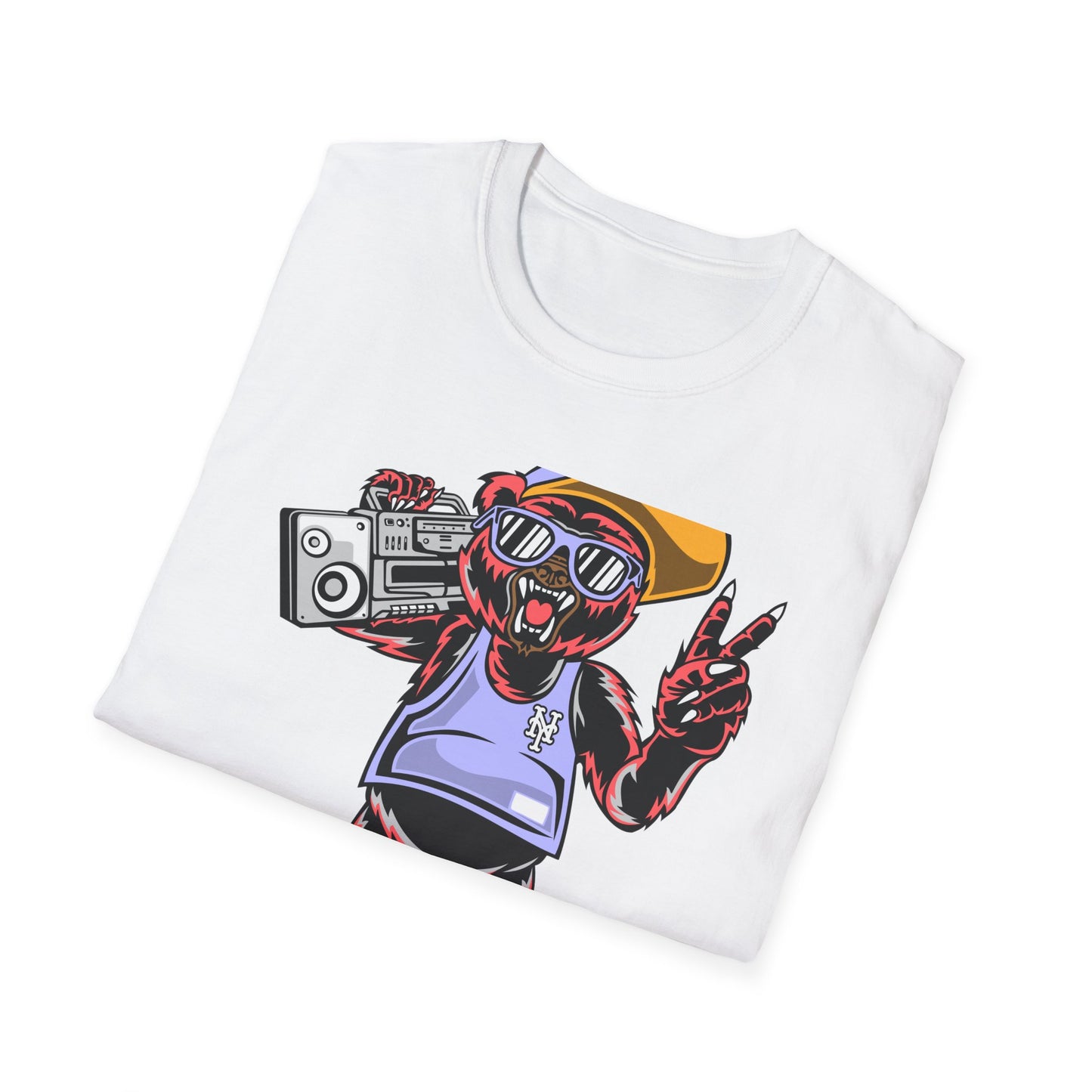 Rad Hip Hop Bear Boombox T-Shirt - Retro Street Style Graphic Tee for Music Lovers & 90s Fans