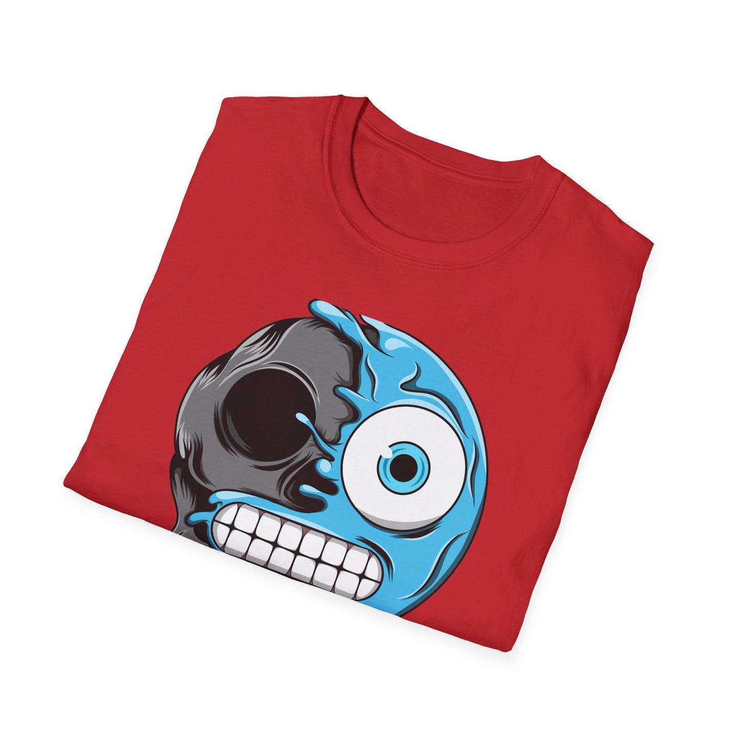 Epic Melting Skull & Blue Cartoon Split Face T-Shirt | Unique Edgy Graphic Tee for Streetwear & Art Lovers